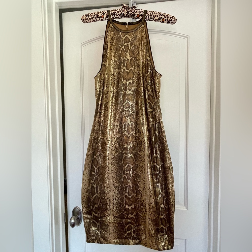Elegant Gold Sequin Snake Print Halter Dress - Size 6 - NWT